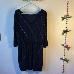 White House Black Market Black Dress with Silver and Gold Stud Stripes v-n